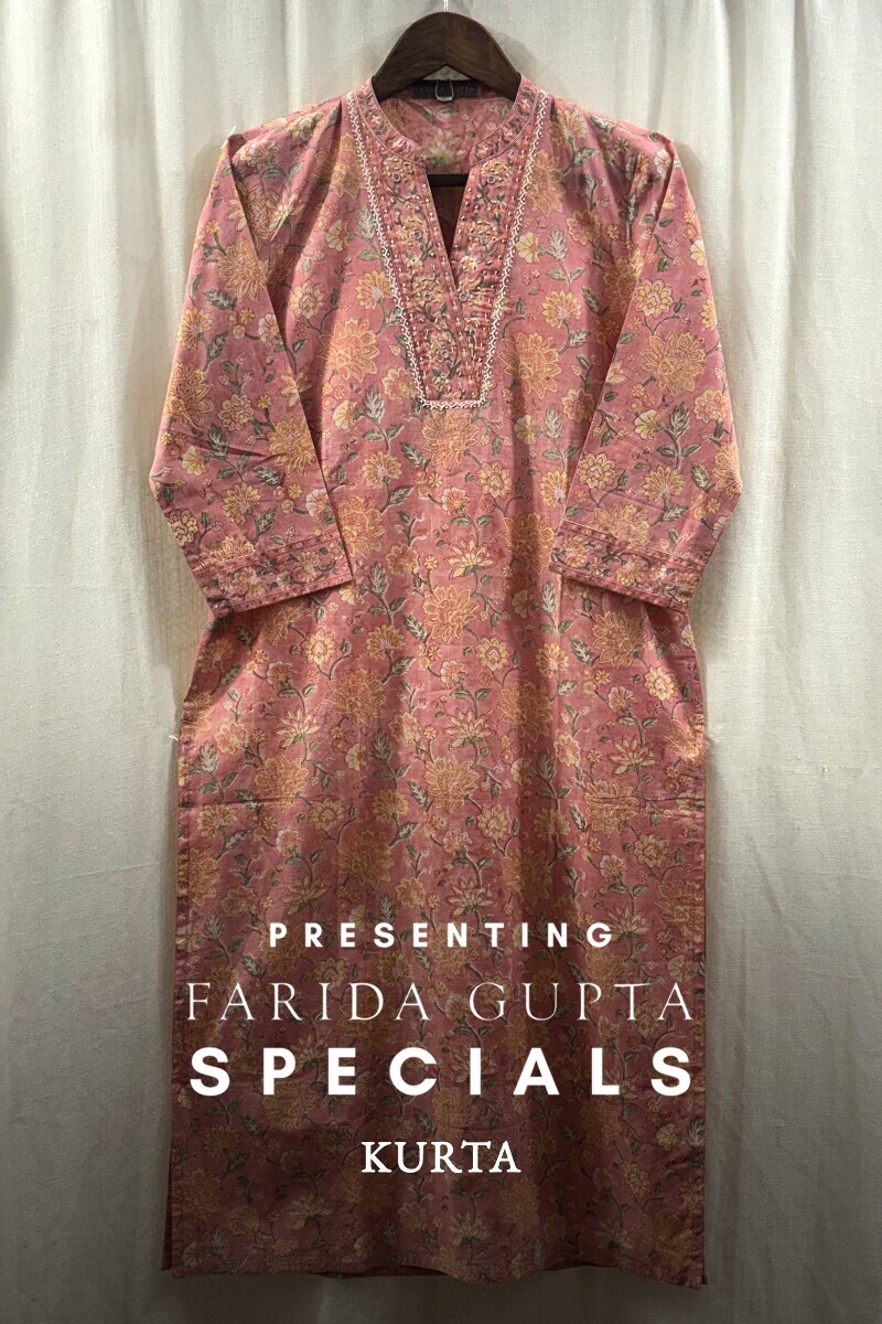 Peach Hand Block-Printed Straight Cotton Kurta