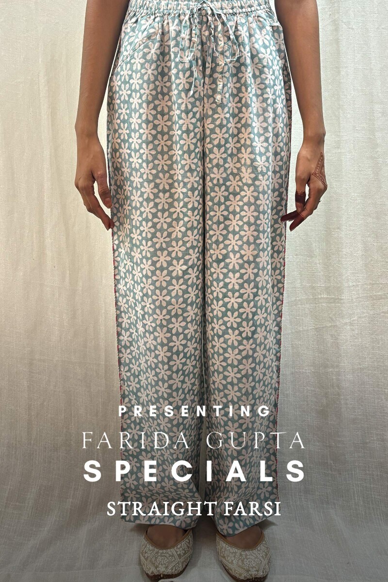 Blue Hand Block-Printed Cotton Slub Straight Farsi