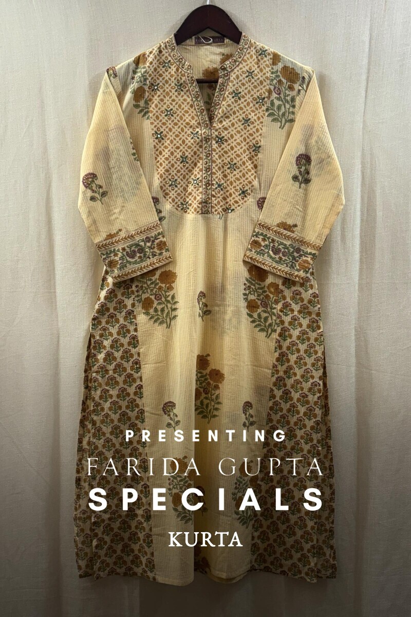 Yellow Hand Block-Printed Straight Cotton Dobby Kurta