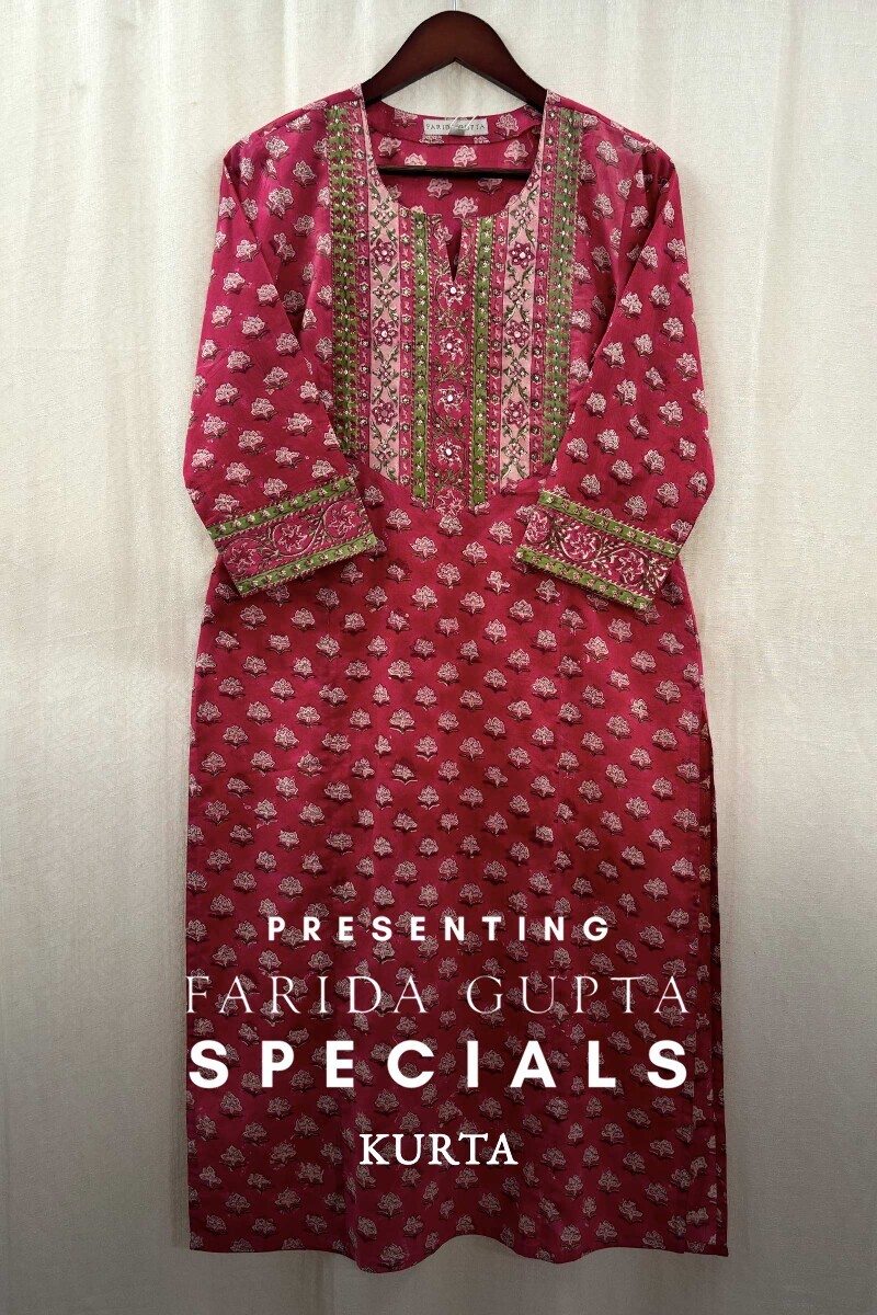 Pink Hand Block-Printed Straight Cotton Kurta