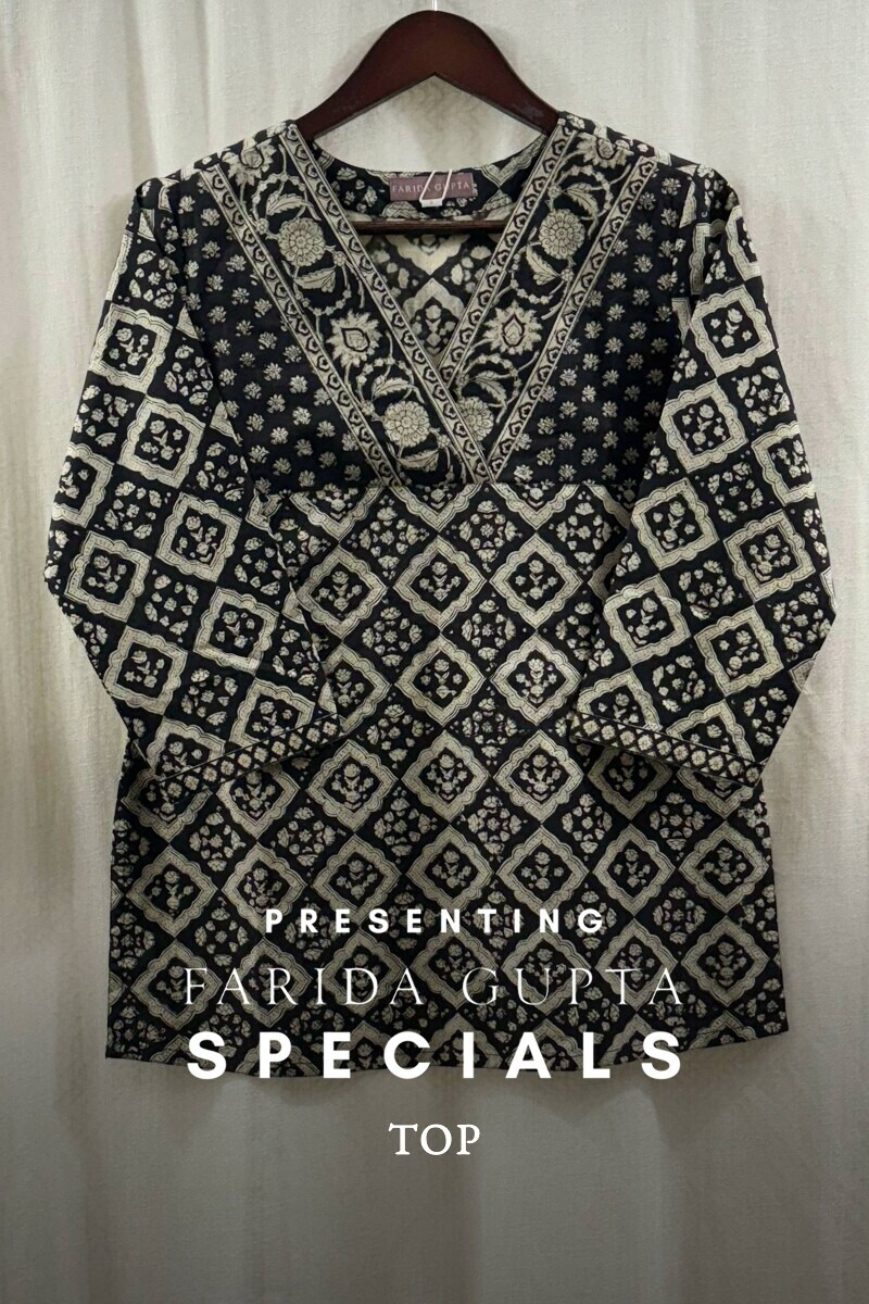 Black Hand Block-Printed Top for Women