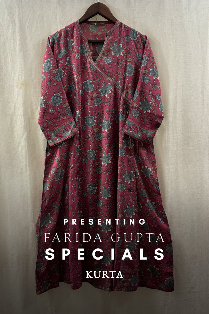 Pink Hand Printed Angrakha Viscose Kurta