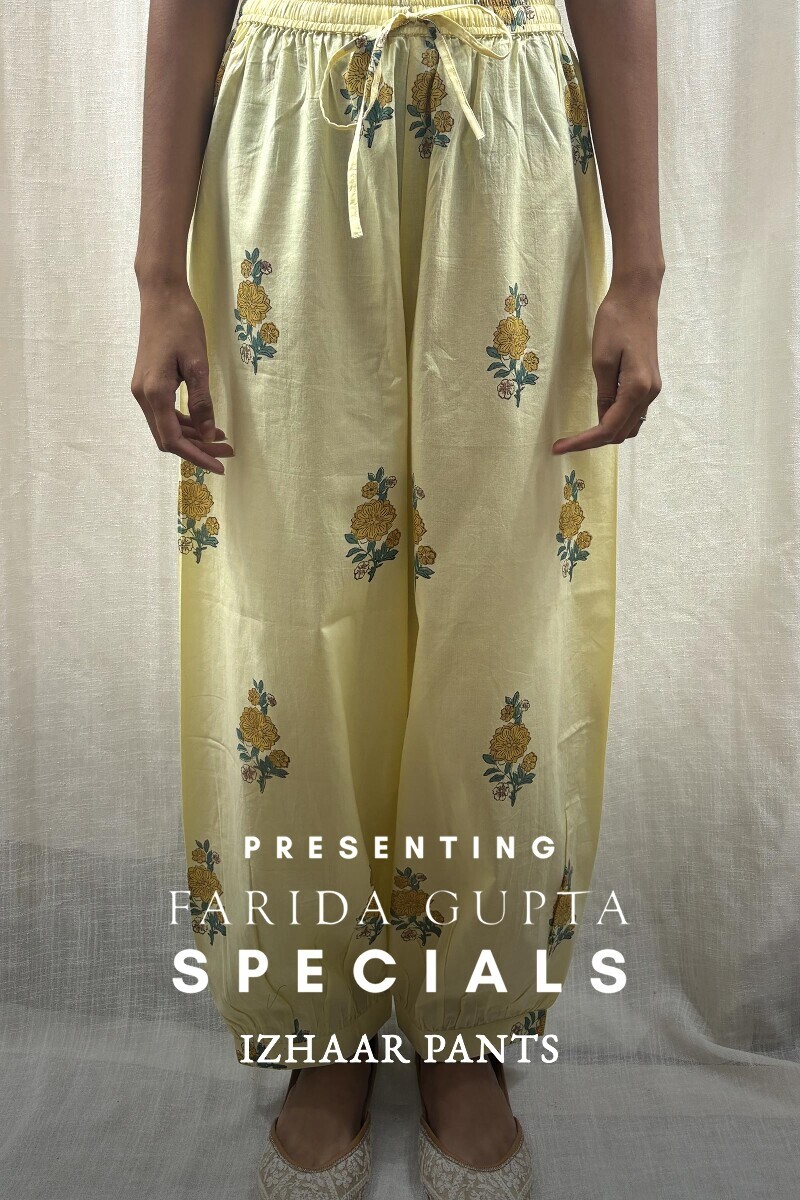 Yellow Hand Block-Printed Izhaar Pants for Women
