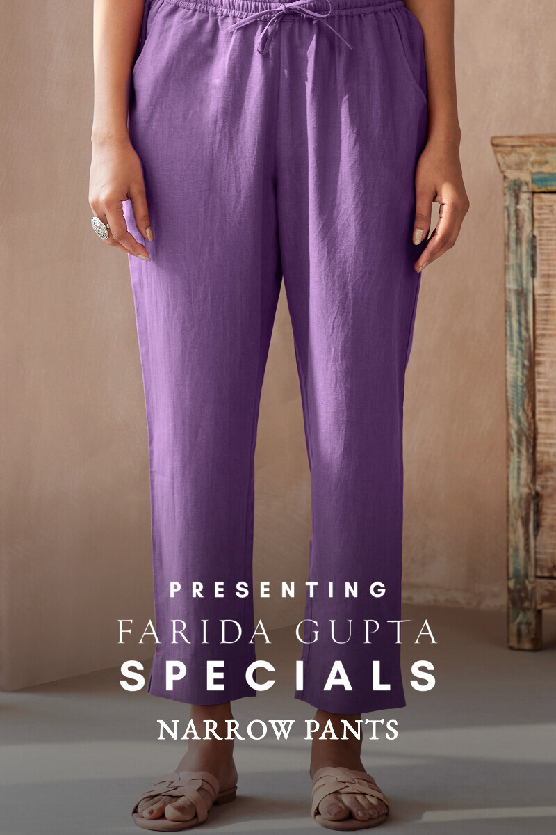 Purple Handcrafted Cotton Flax Narrow Pants