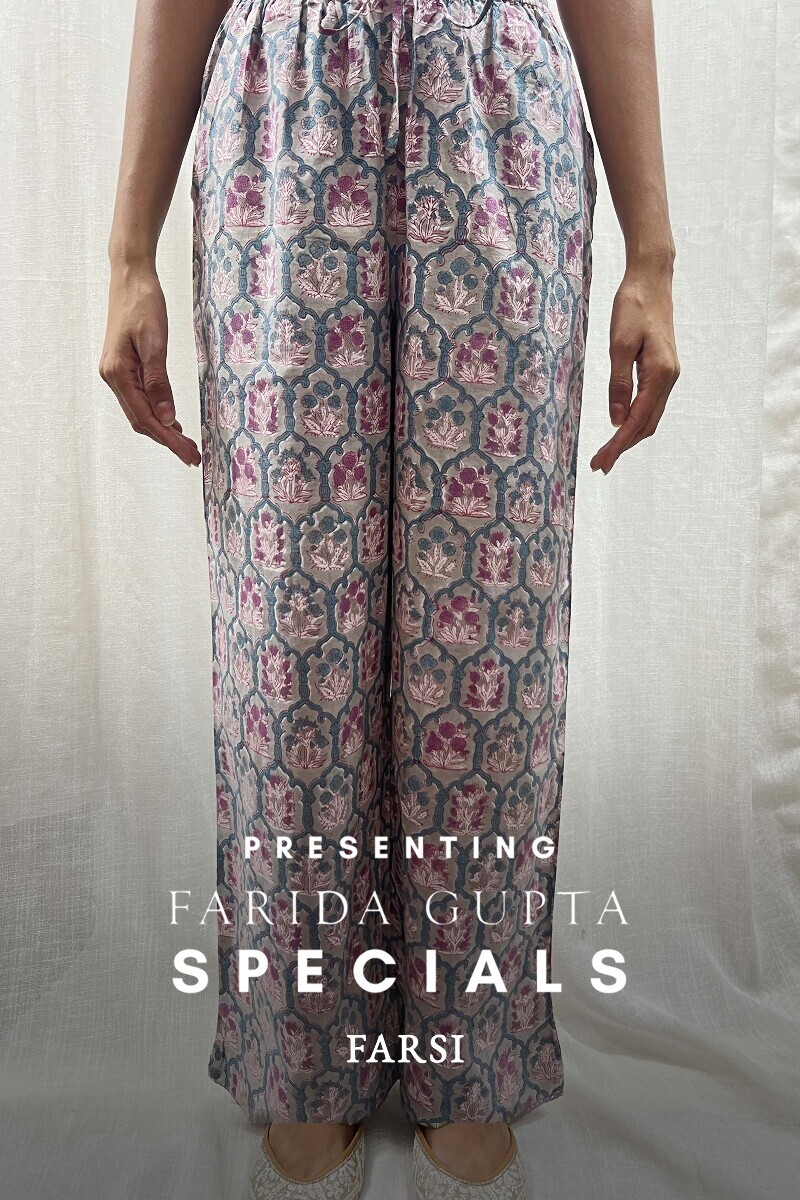 Grey Hand Block-Printed Cotton Straight Farsi