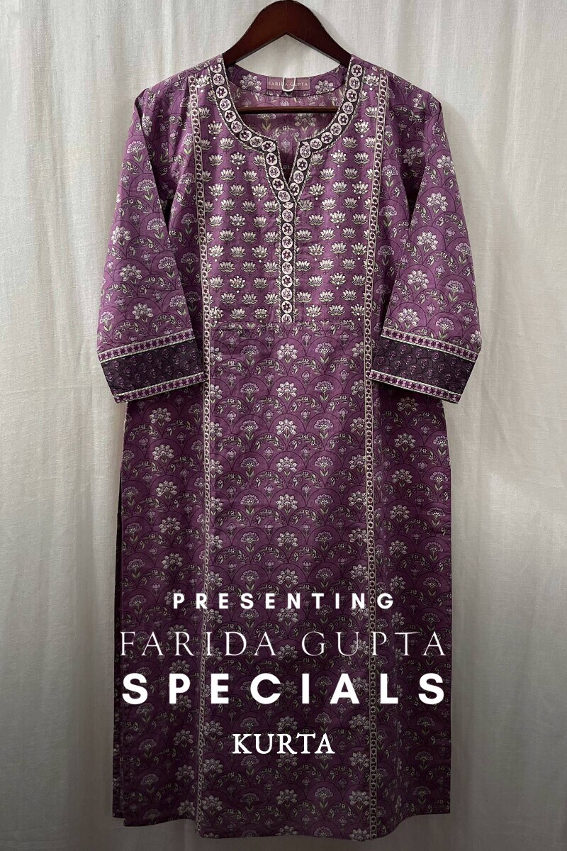 Purple Hand Printed Straight Cotton Kurta
