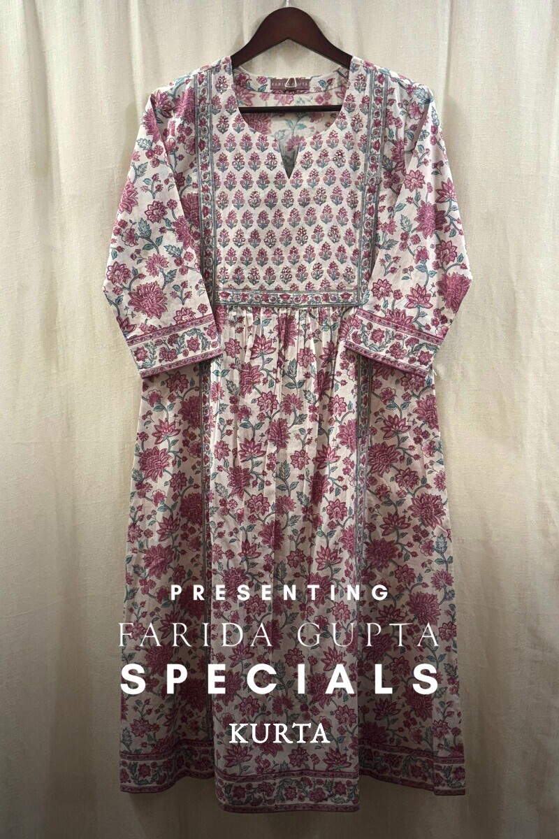 White Hand Block-Printed A-Line Cotton Kurta