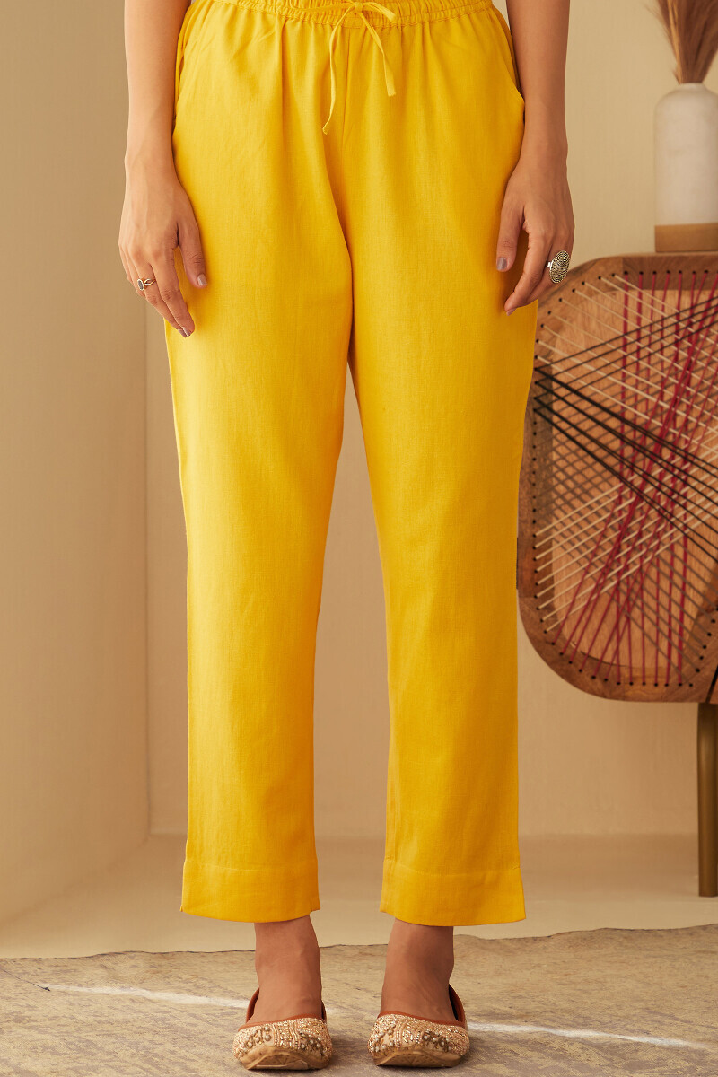 Yellow Handcrafted Cotton Flax Narrow Pants