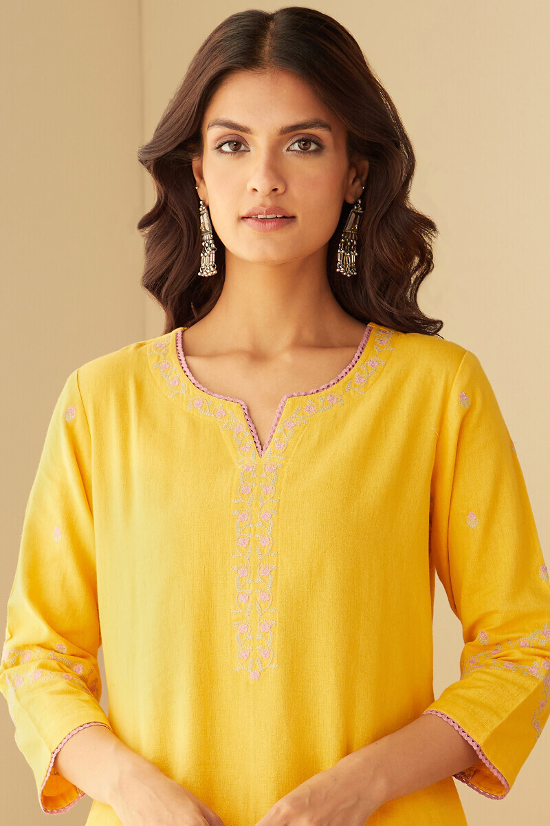 Yellow Handcrafted Straight Cotton Flax Kurta