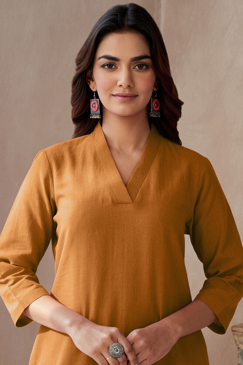 Rust Handcrafted Straight Cotton Flax Kurta