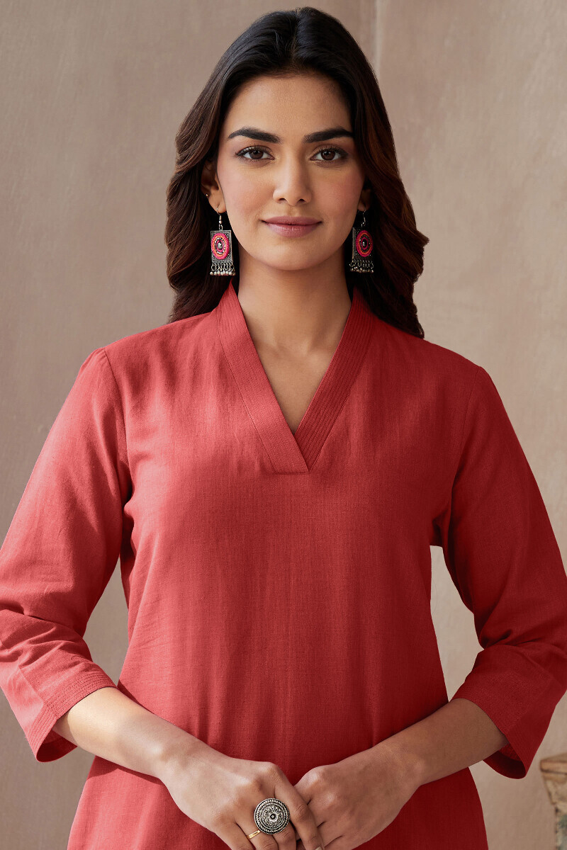 Brick Red Handcrafted Straight Cotton Flax Kurta