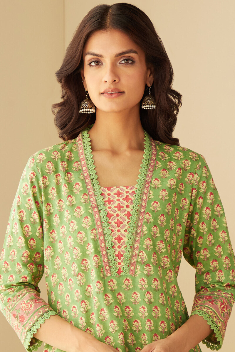 Green Hand Block-Printed Straight Cotton Kurta
