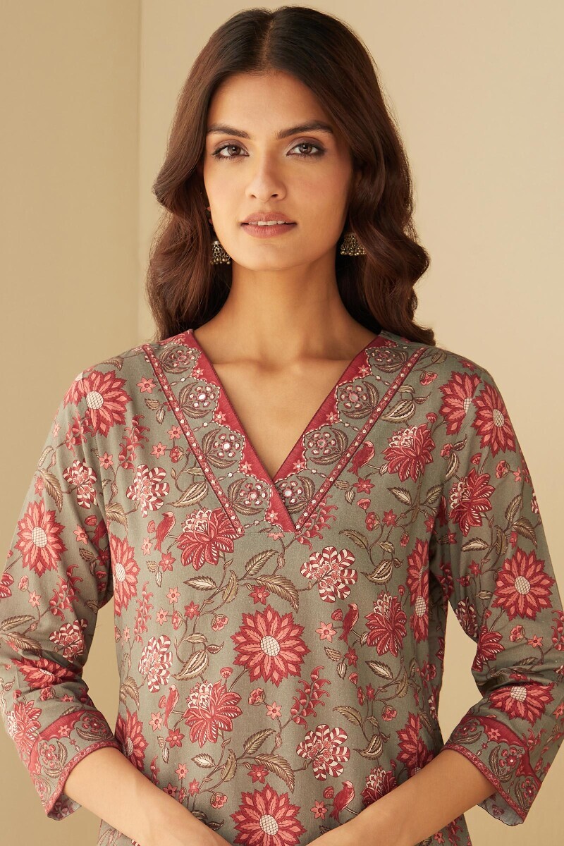Grey Printed Straight Cotton Kurta