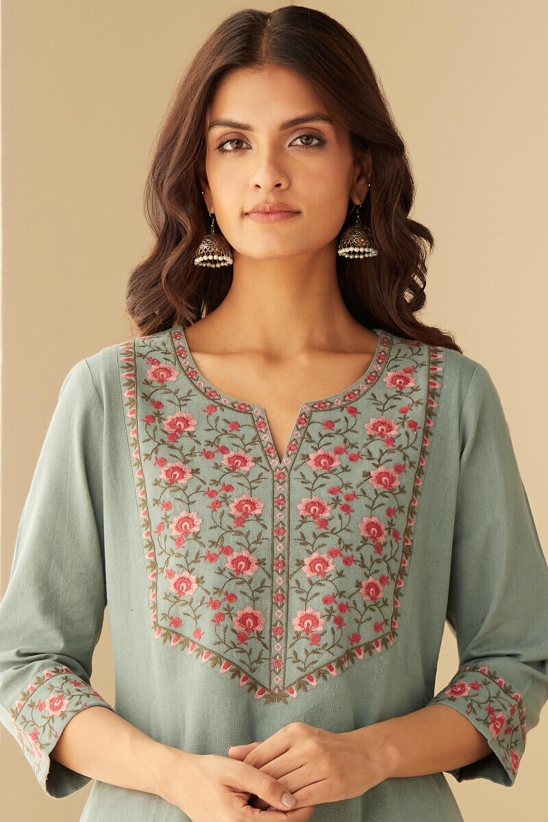 Grey Handcrafted Straight Cotton Kurta