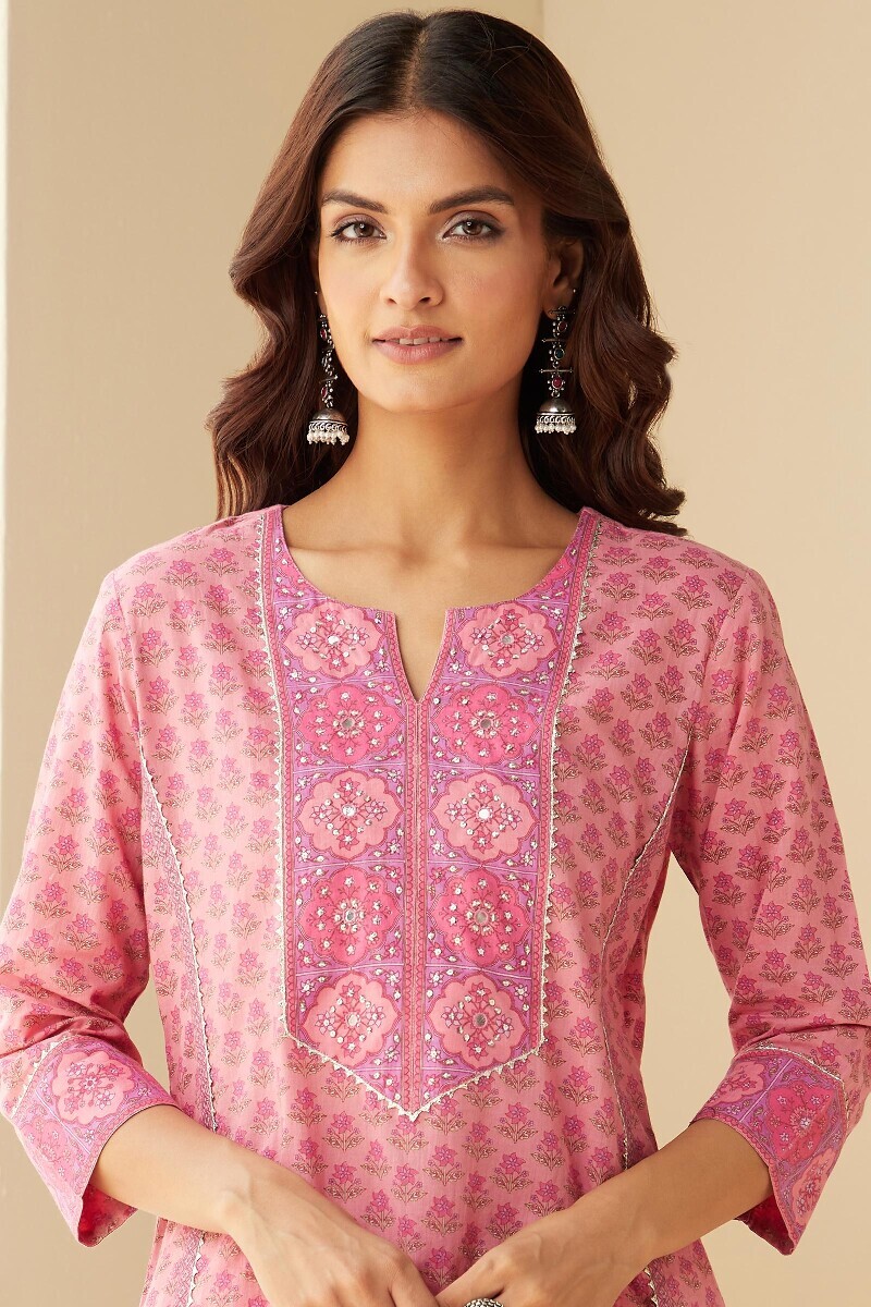 Pink Hand Printed Straight Cotton Kurta