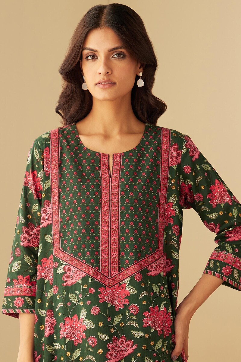 Green Hand Printed Cotton Kaftan