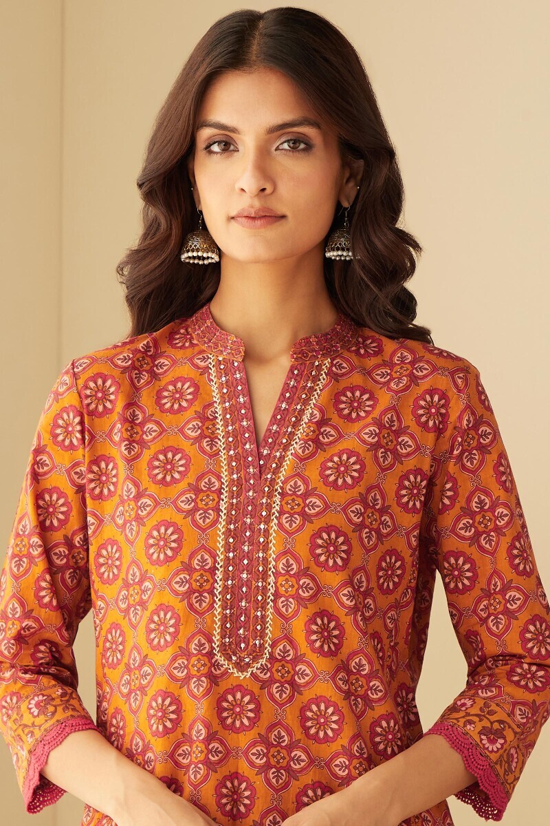 Mustard Hand Printed Straight Cotton Kurta