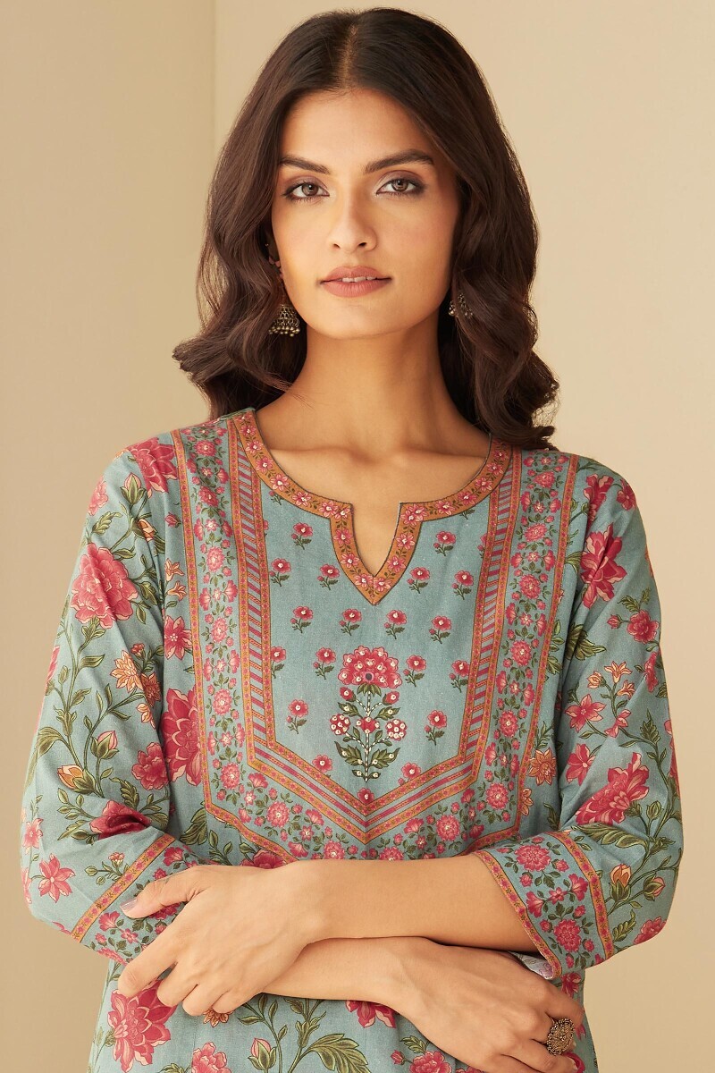 Blue Printed Straight Cotton Kurta