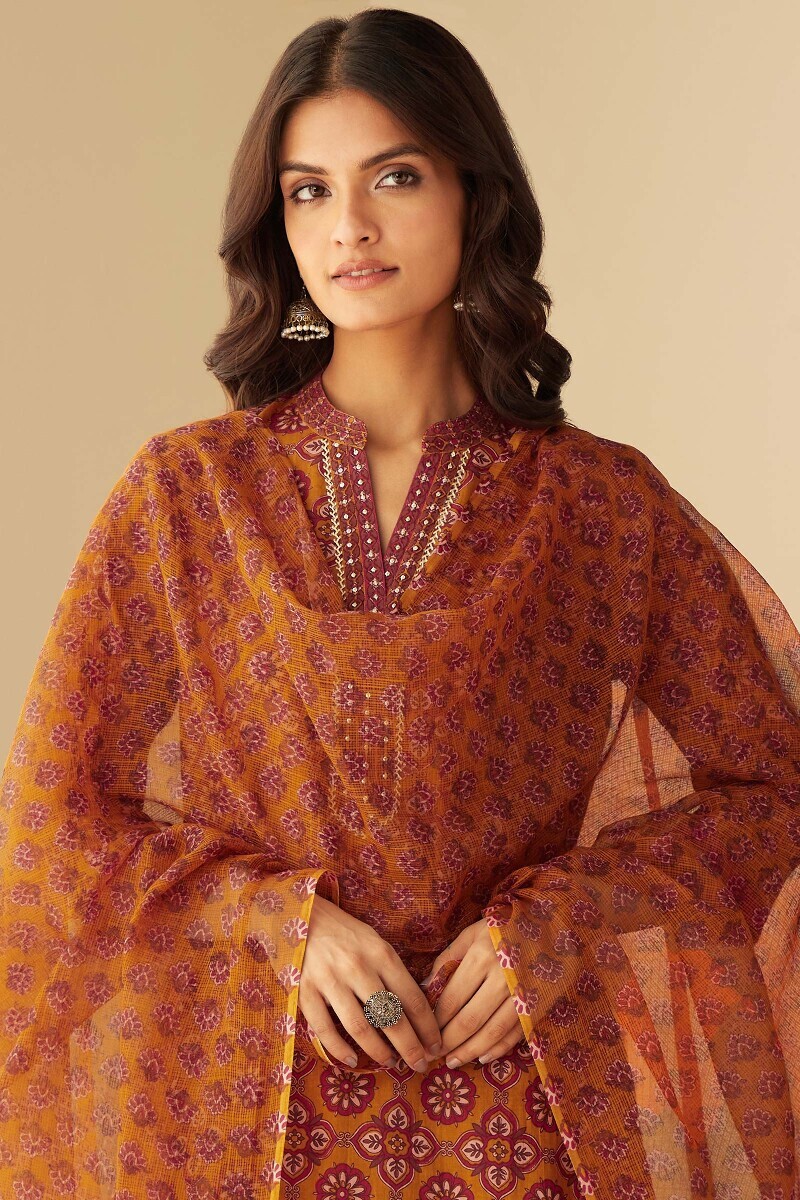 Mustard Hand Printed Kota Dupatta
