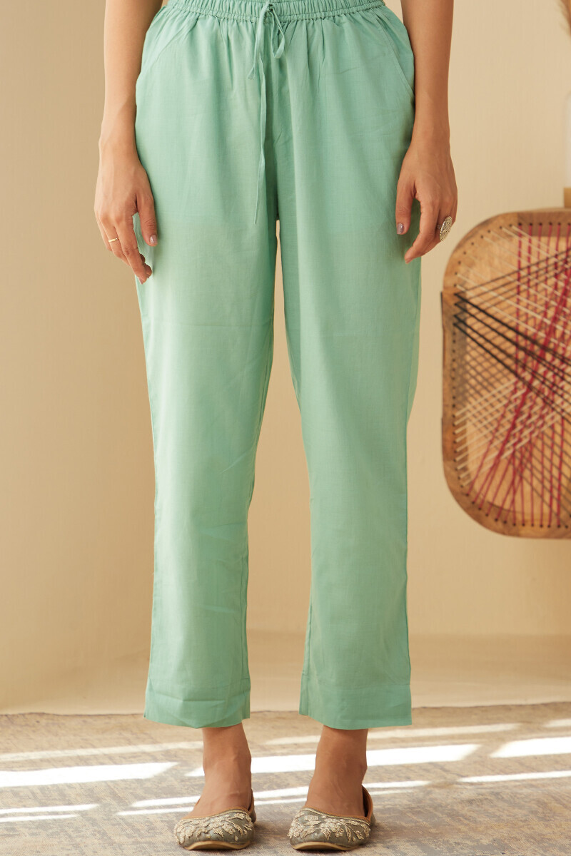 Green Handcrafted Cotton Narrow Pants