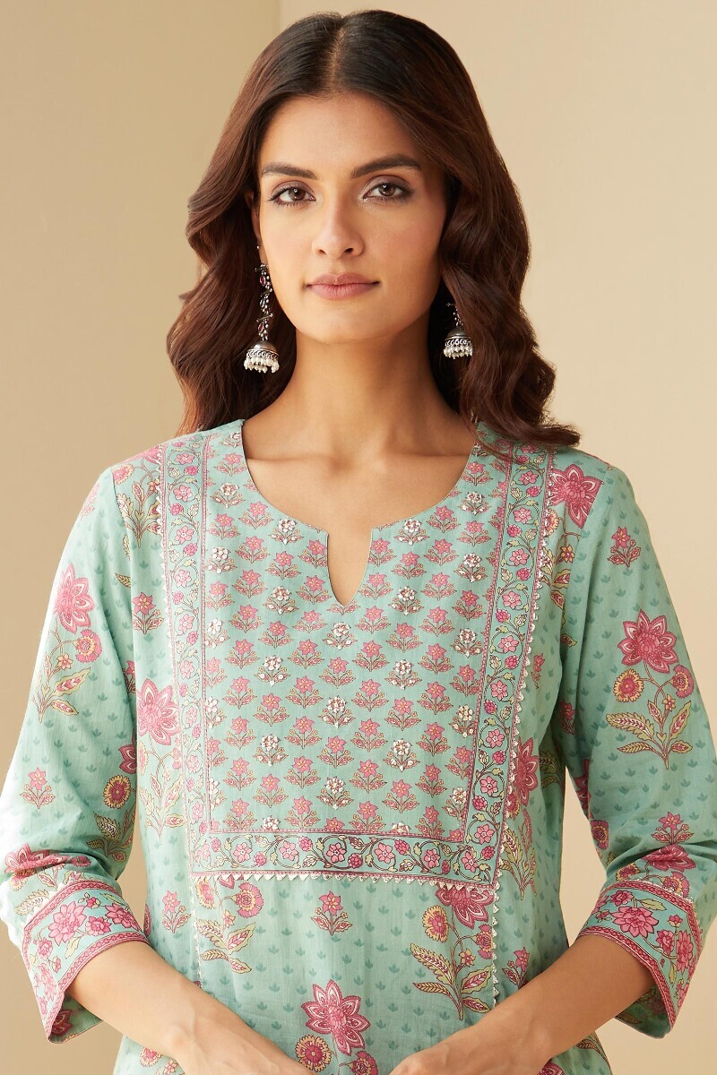 Green Hand Printed Straight Cotton Kurta