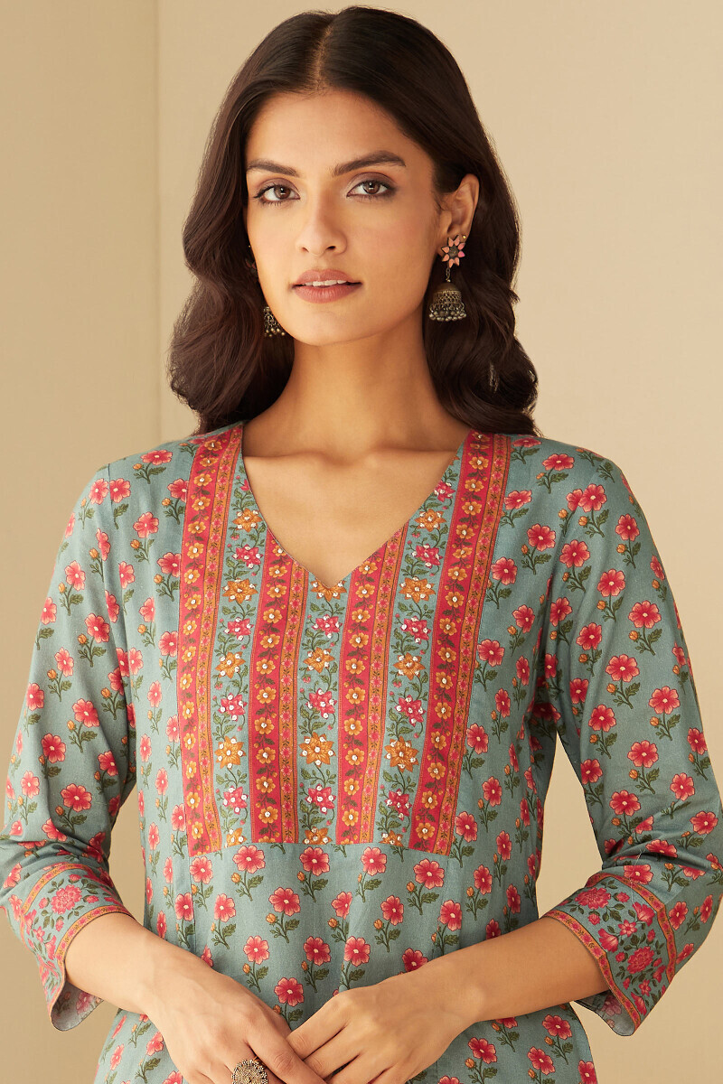Blue Printed Straight Cotton Kurta