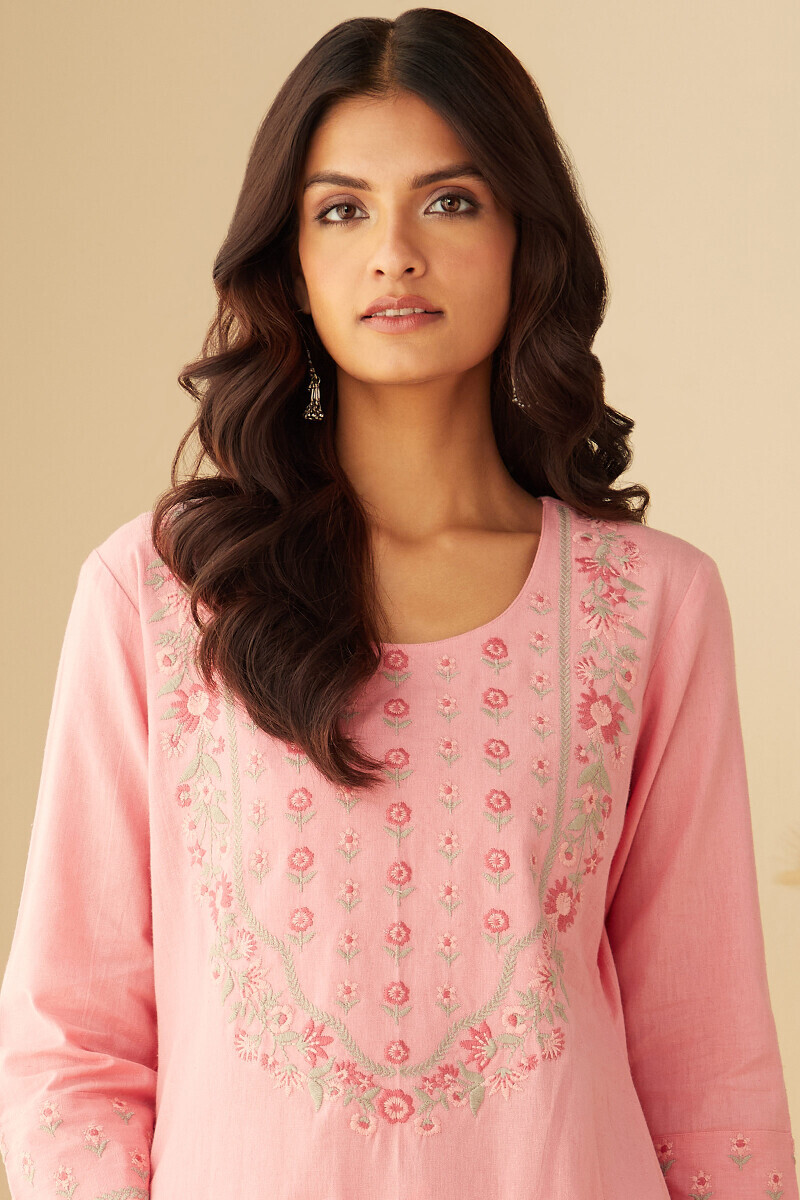 Pink Handcrafted Straight Cotton Flax Kurta