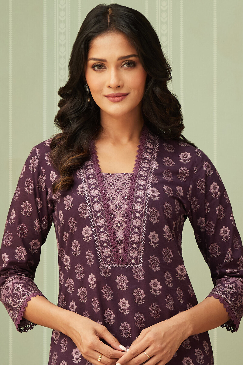 Purple Printed Straight Cotton Kurta