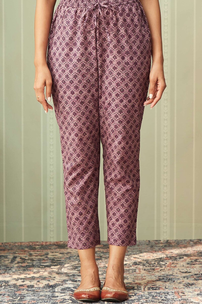 Purple Printed Cotton Narrow Pants