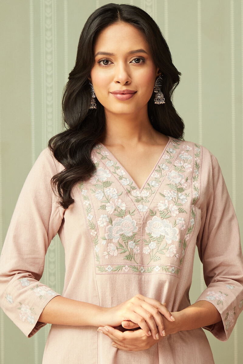 Pink Handcrafted Straight Cotton Flax Kurta