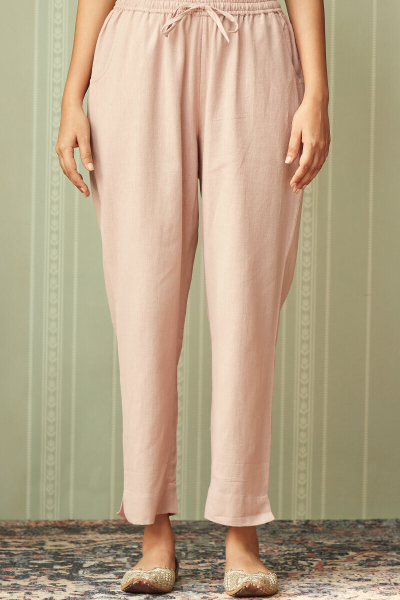Pink Handcrafted Cotton Flax Narrow Pants