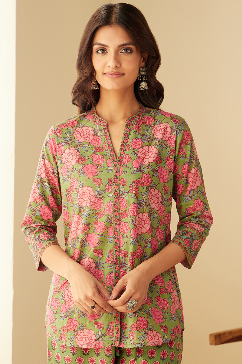 Green Hand Printed Cotton Loungewear Set