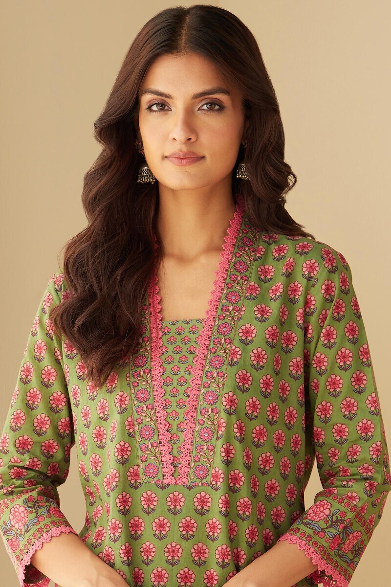 Green Hand Printed Straight Cotton Kurta