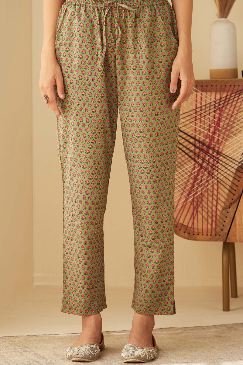 Green Hand Printed Cotton Narrow Pants