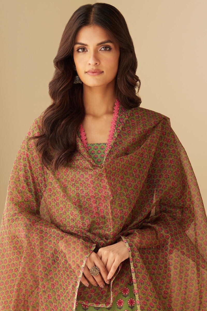 Green Hand Printed Kota Dupatta