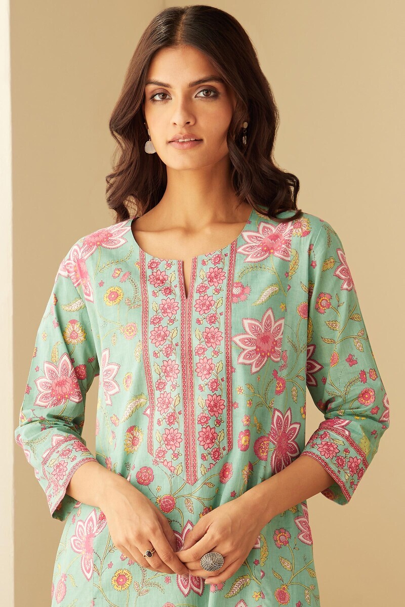 Green Hand Printed Cotton Kaftan