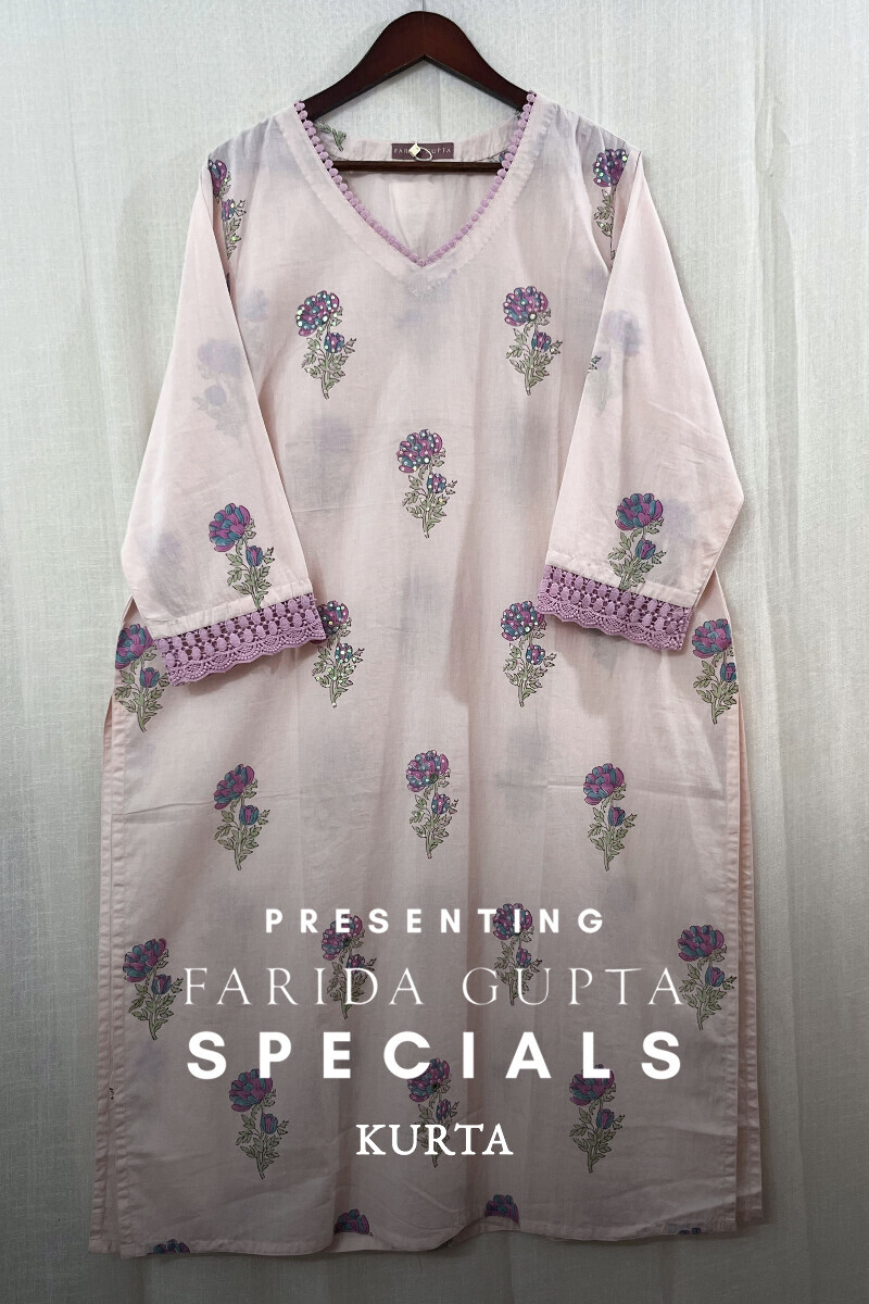 Pink Hand Block-Printed Straight Cotton Kurta