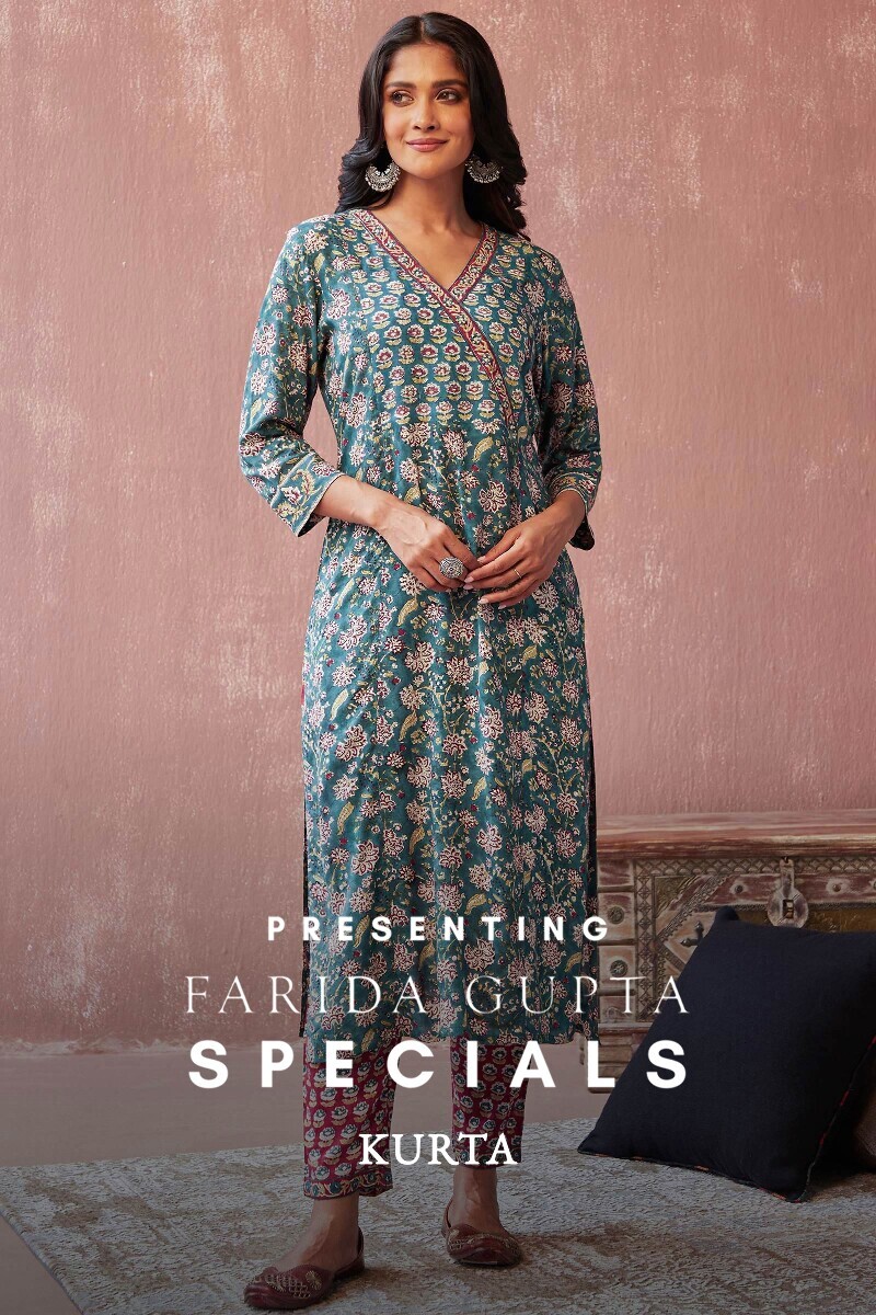 Teal Hand Block-Printed Straight Kurta