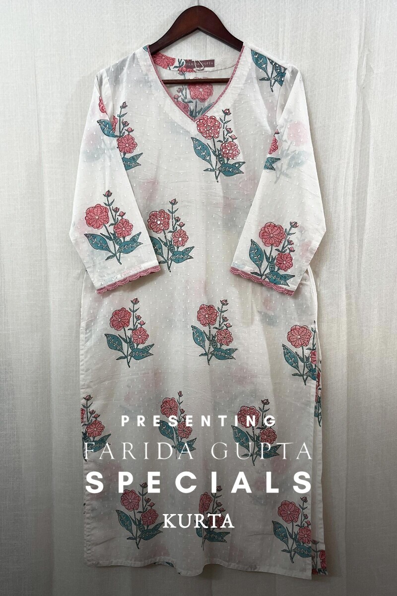 White Hand Block-Printed Straight Cotton Dobby Kurta