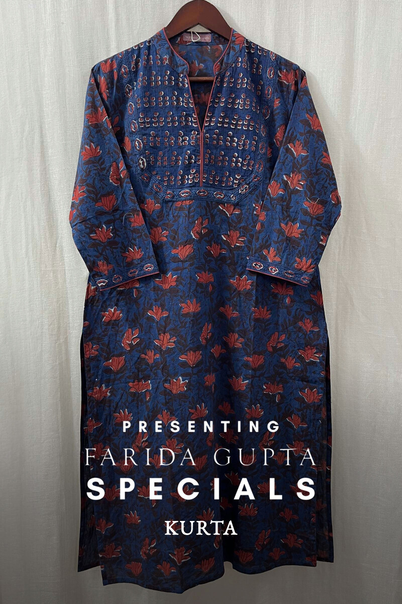 Indigo Hand Block-Printed Straight Cotton Kurta