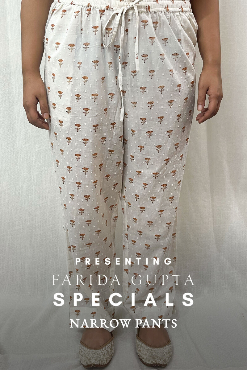 White Hand Block-Printed Cotton Dobby Narrow Pants