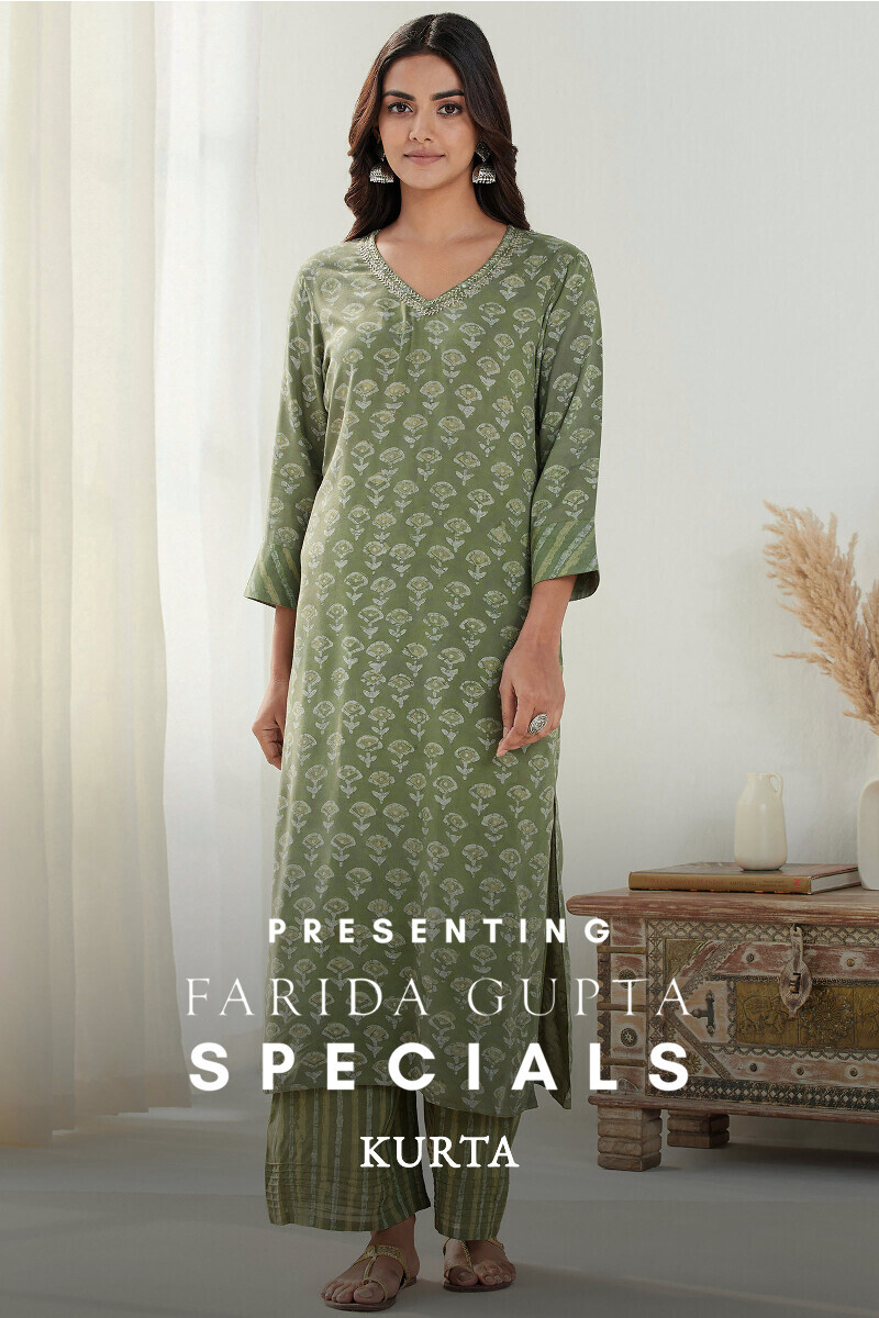 Green Hand Block-Printed Straight Viscose Kurta
