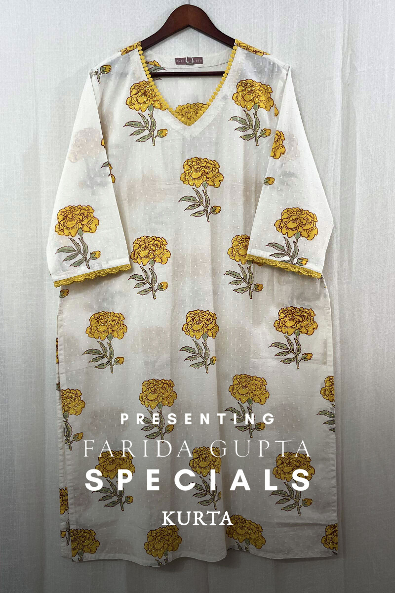 White Hand Block-Printed Straight Cotton Dobby Kurta