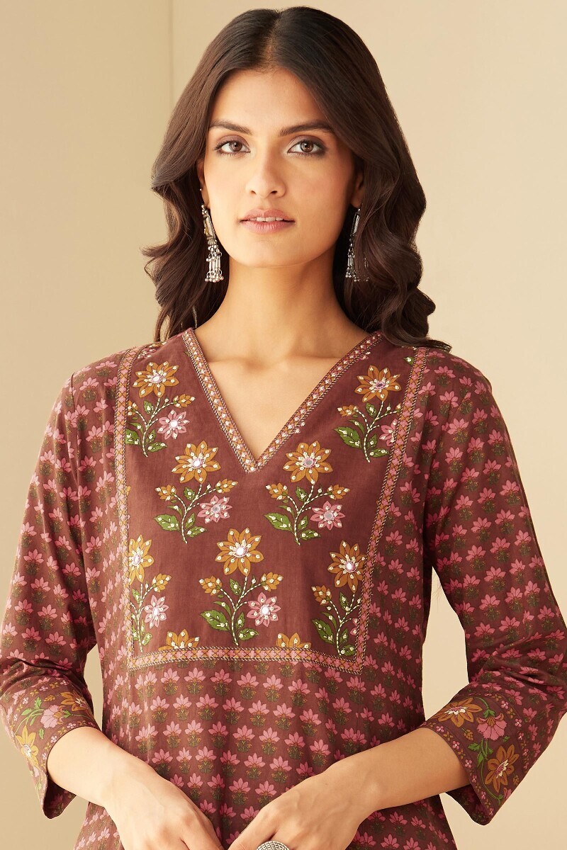 Brown Hand Printed Straight Cotton Kurta