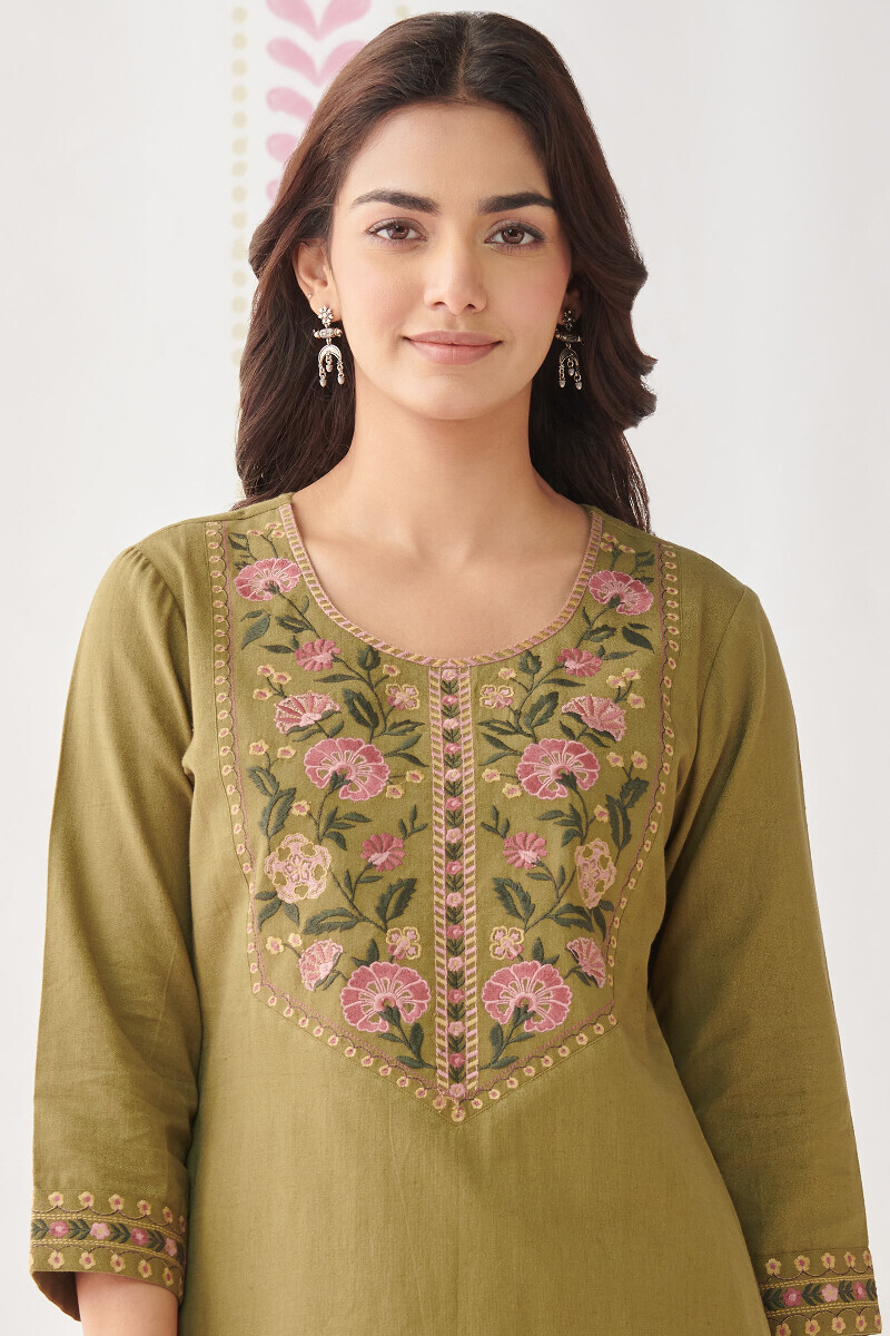Olive Green Handcrafted Straight Cotton Flax Kurta
