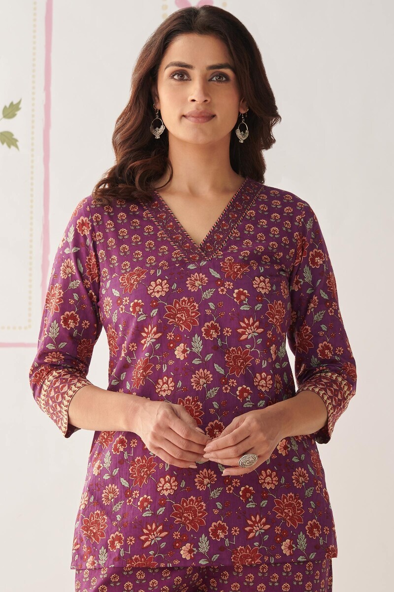 Purple Hand Printed Cotton Loungewear Set