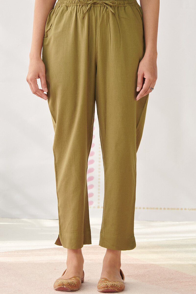 Olive Green Handcrafted Cotton Flax Narrow Pants