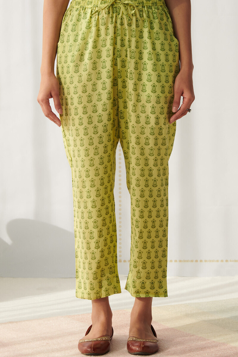 Lime Green Hand Printed Cotton Narrow Pants