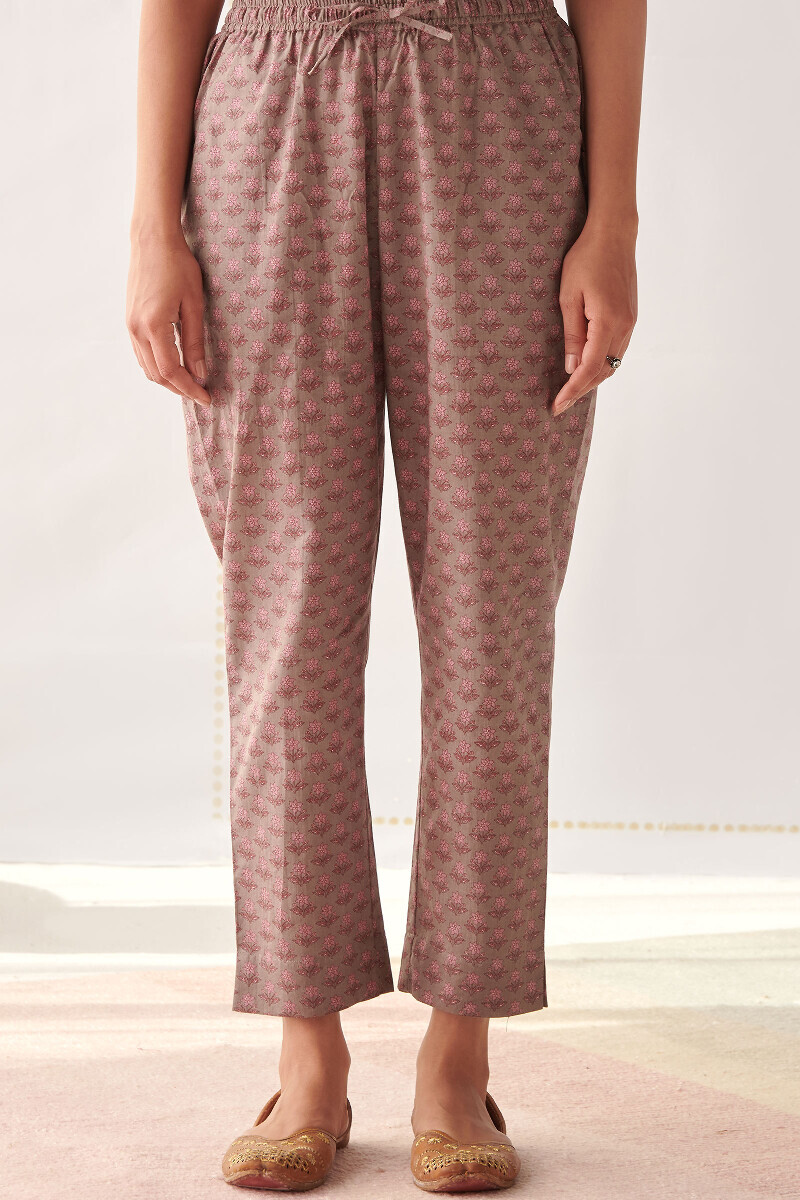 Grey Hand Printed Cotton Narrow Pants