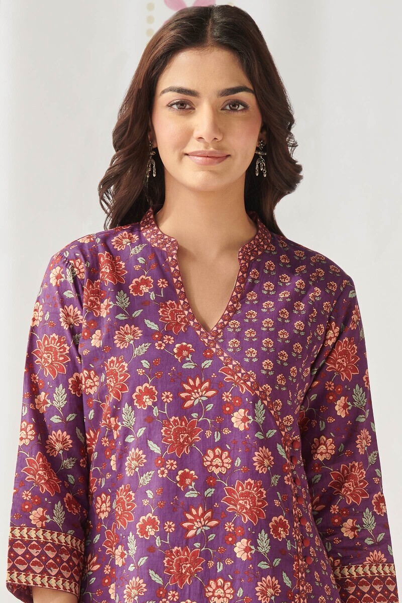 Purple Hand Printed Angrakha Cotton Kurta